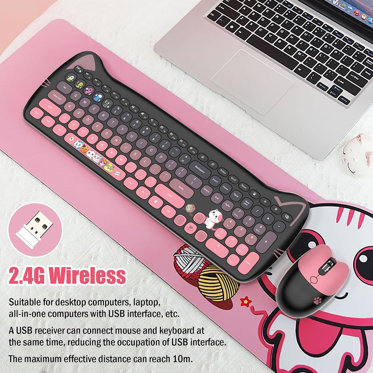 Cute Cat 2.4G USB Wireless Keyboard and Mouse Combo, Silent Keys, Candy Colors, Compatible with Notebook, PC (BlackPink-110Keys)