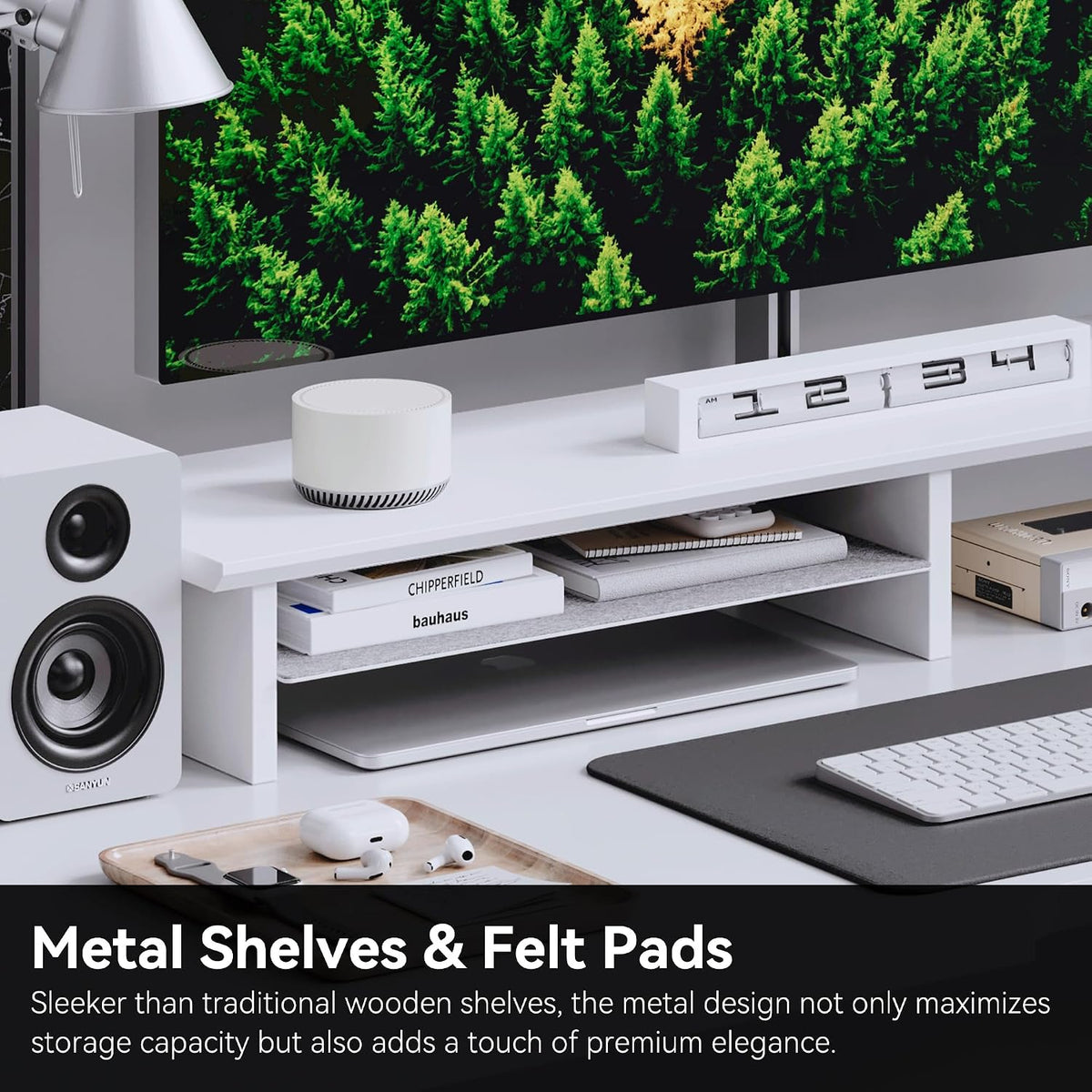 FENSULN Dual‑Tier Monitor Stand for Minimalist Wooden and Metal Riser Shelf Desktop Stands Organizer with Underneath Storage for Dual Monitors, Laptops, Home Office Aesthetic White