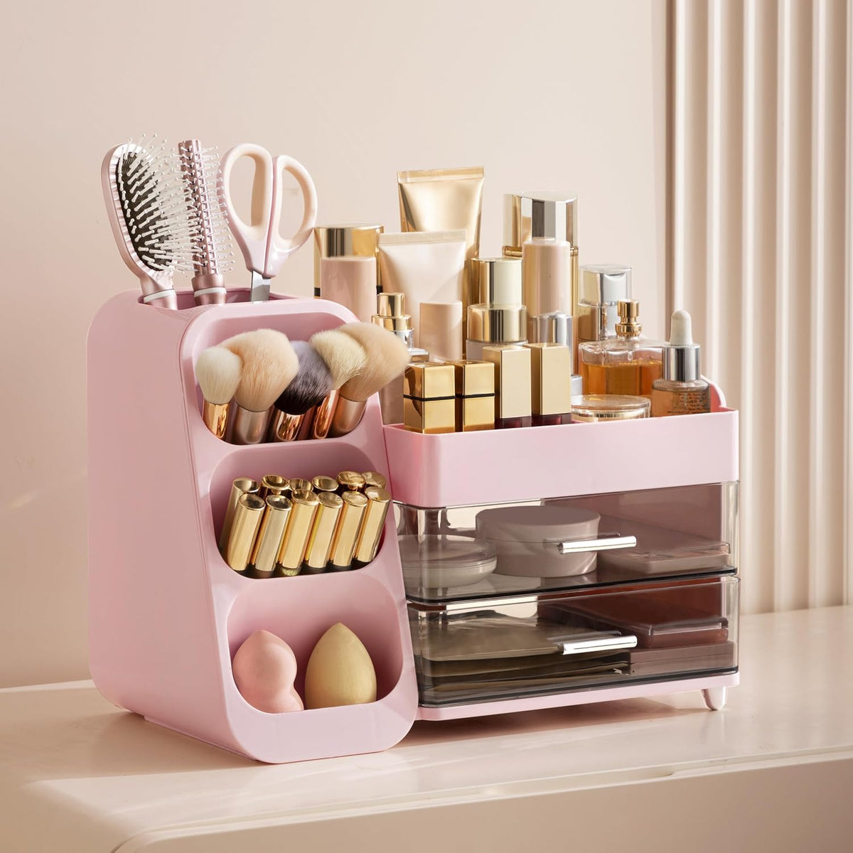 HBlife Makeup Organizer with Brush Holder for Vanity, Large Plastic Bathroom Countertop Organizer Skin Care Storage, Easy to Store Lipsticks, Nail Polishes, Perfumes, Eyeshadow Palettes, Pink