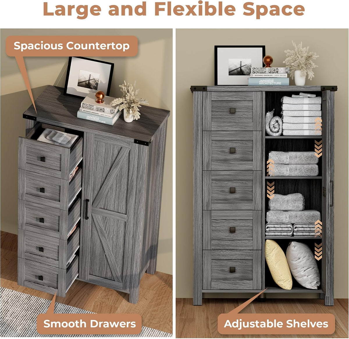 VVFLU Farmhouse Dresser Storage Cabinet Chest of Drawer for Bedroom, 5 Drawer Dresser with Barn Door, 48 Inch Tall Grey Wood Dresser, Adjustable Shelves, Rustic, for Living Room, Entryway, Hallway
