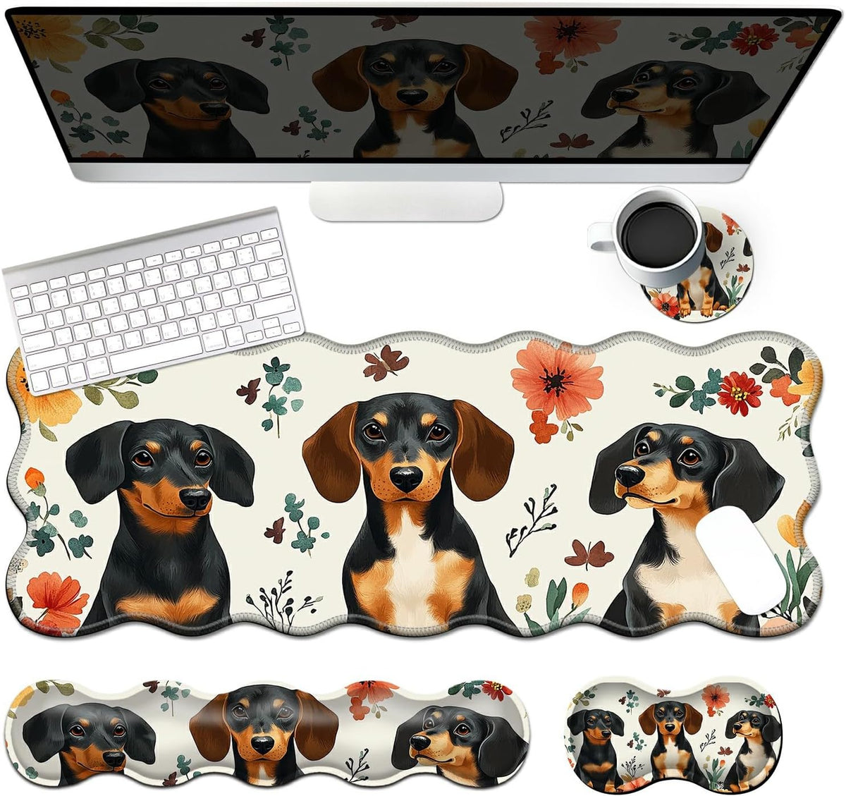 Keyboard Mouse Pad Set,Dogs and Flowers