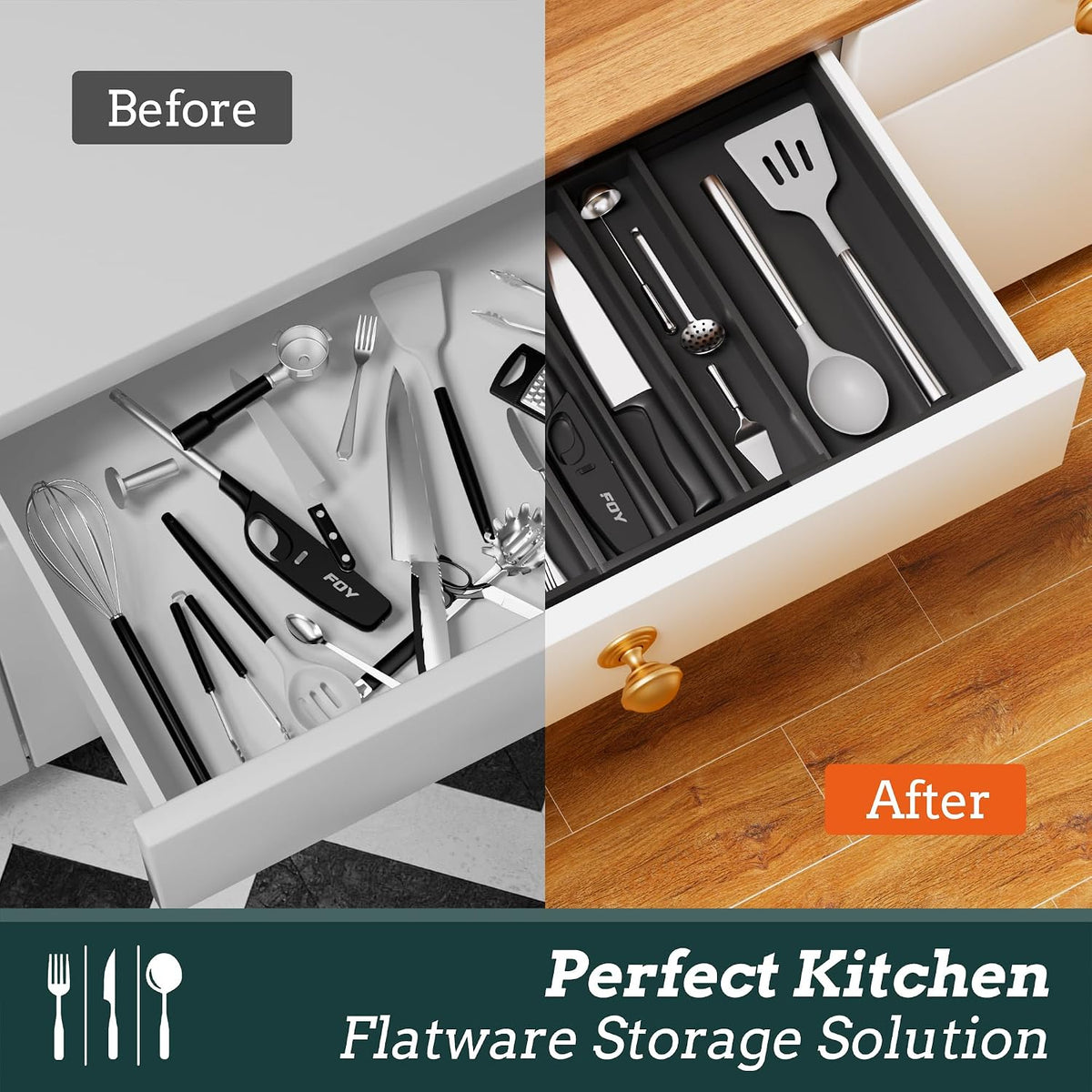 Bamboo Expandable Silverware Drawer Organizer 11 Slots Utensil Holder Black