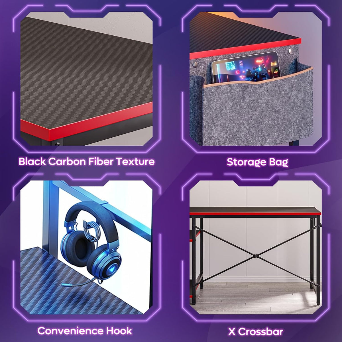 Bestier 44" Gaming Desk with LED & Storage,Gamer Desk, Carbon Fiber Black