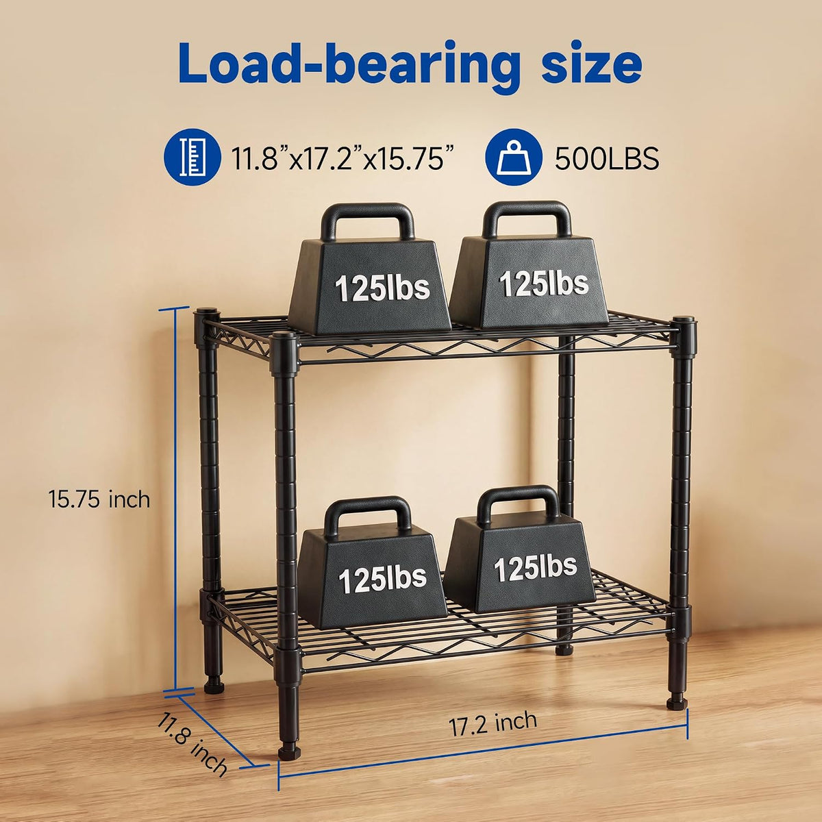 2-Tier Storage Shelf, Heavy Duty Adjustable Organizer Rack, Black