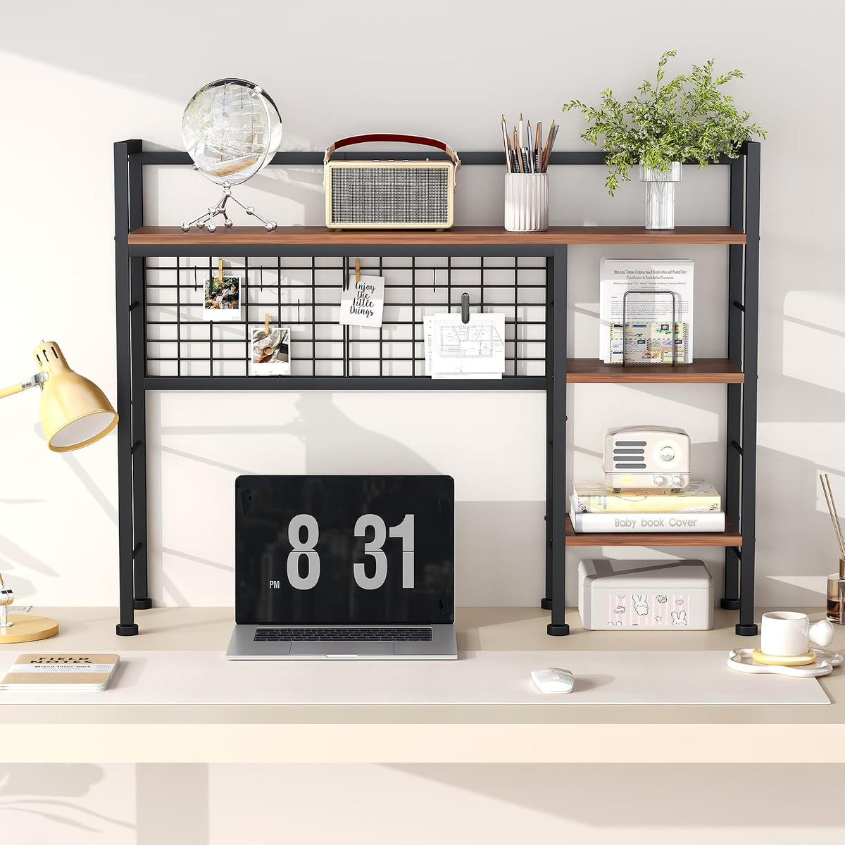 Desk Shelf,38.6" Desk Organizer Shelf,Wooden Desk Hutch for Computer Monitor,4 Tier Desk Display Rack with Pegboard Hooks Set for Home Office Dorm Storage,UXBZJ101Z