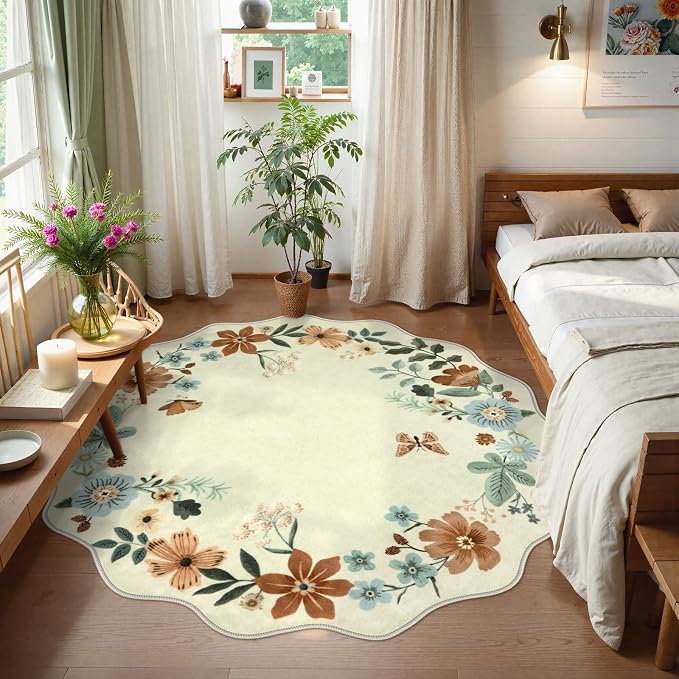 Lahome Floral Washable Round Rugs, Non-Slip Soft Round Rug 4ft Ultra-Thin