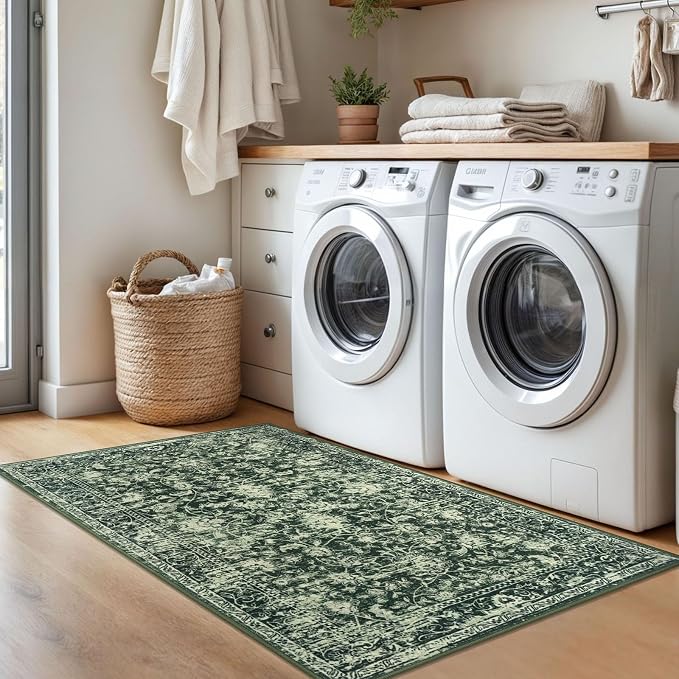 KILOCOCO Area Rug 3x5 Entryway Rug Washable Printed Vintage Floral Rubber