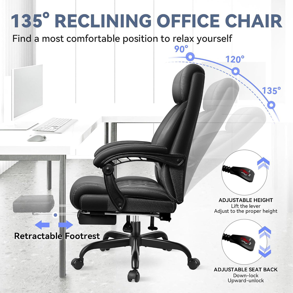 Office Chair, Big and Tall Office Desk Chair, Reclining Office Chair with Footrest Home Office Desk Chairs, High Back Ergonomic with Lumbar Support, Executive Leather