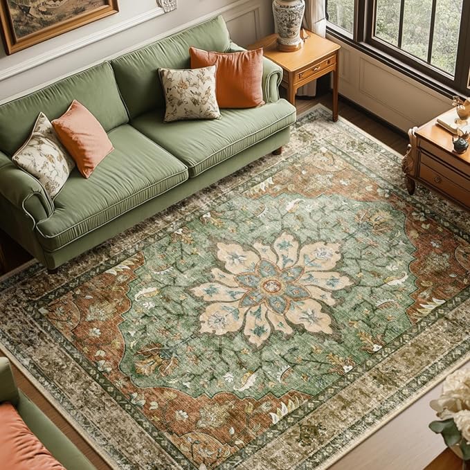 RELEANY Area Rugs 8'x10' Washable Non-Slip, Floral Vintage Distress Medallion