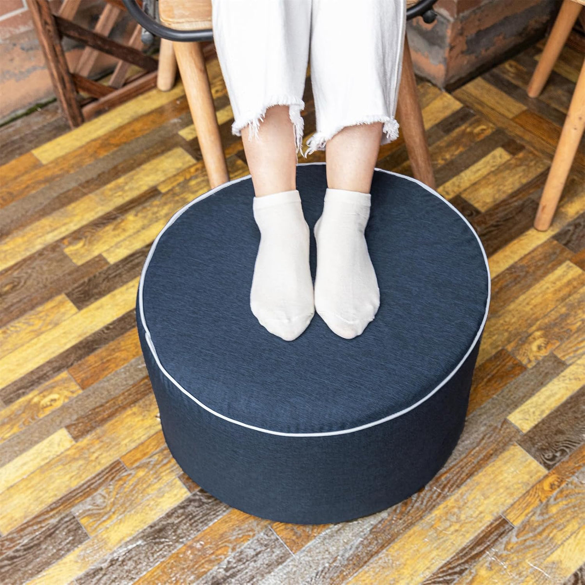 Outdoor Ottoman for Patio, Navy, Outdoor Pouf Footstool,20x12In