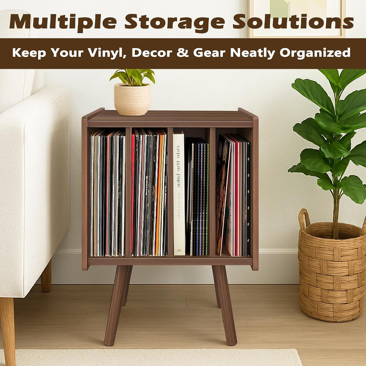 Record Player Stand, Vinyl Record Storage Table with 4 Cabinet, Mid Century Modern Turntable Stand, Organizer Vinyl Table for Bedroom Living Room, Walunt