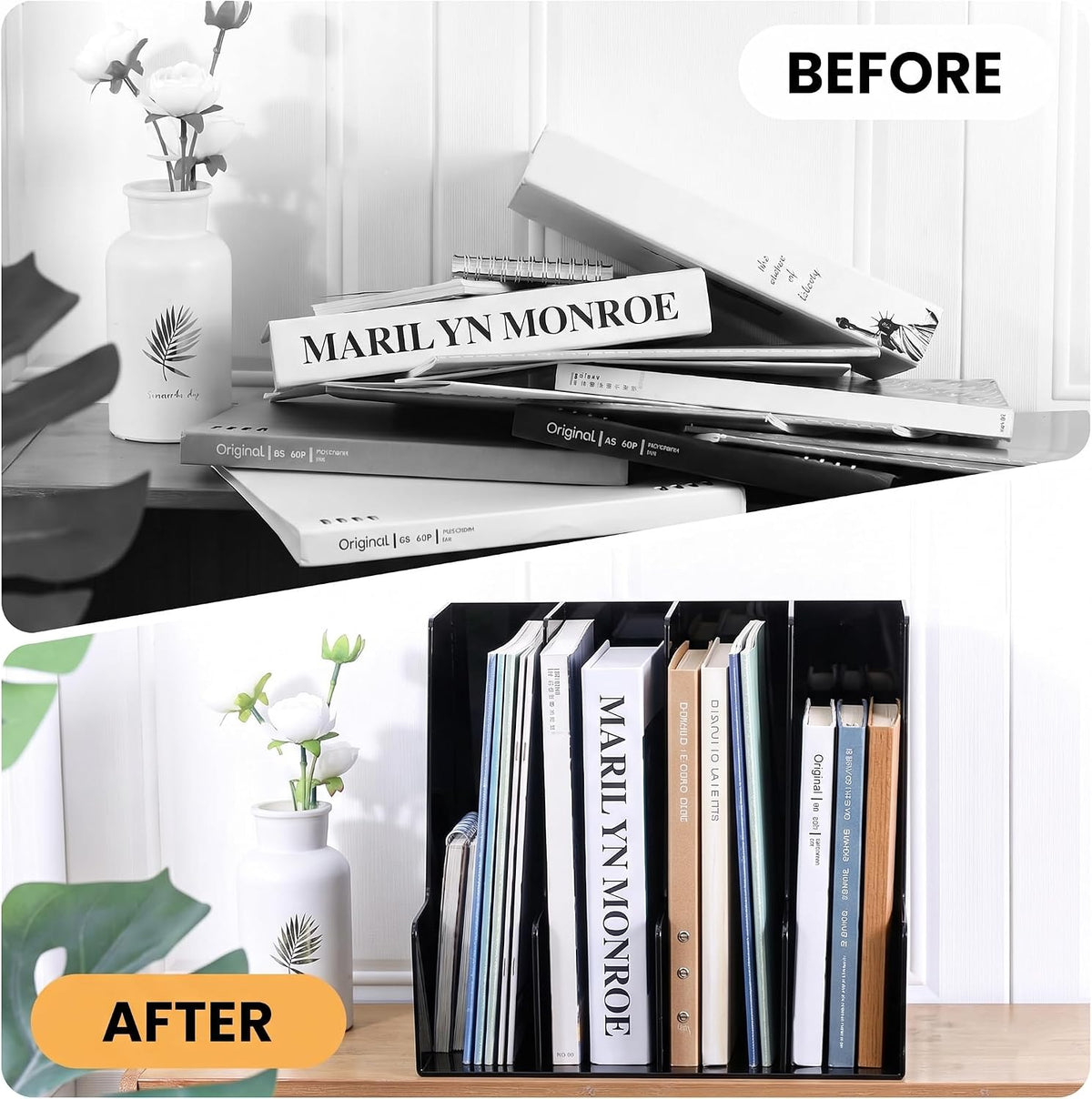 Vertical Magazine File Holder, Black File Organizer Desk Organizer and Storage Bins Holding for Magazines, Binders, Notebooks, Envelopes, Plastic Office Organization and Storage for Desk, 4 Pack