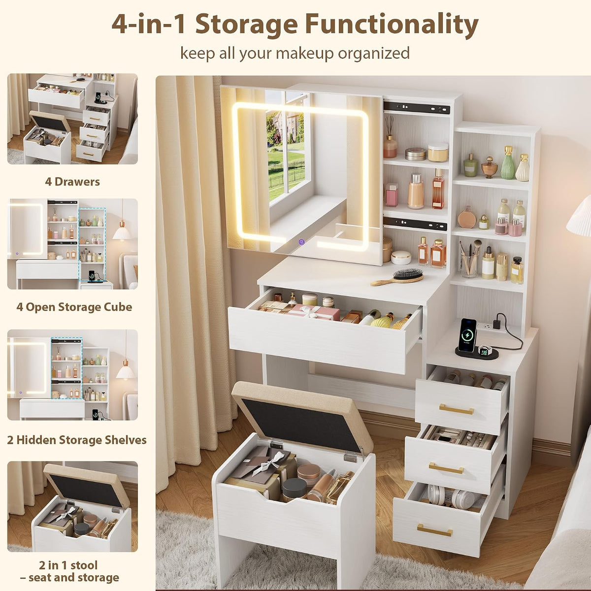 IDEALHOUSE Makeup Vanity Desk with Sliding Lighted Mirror, 4 Drawers, White