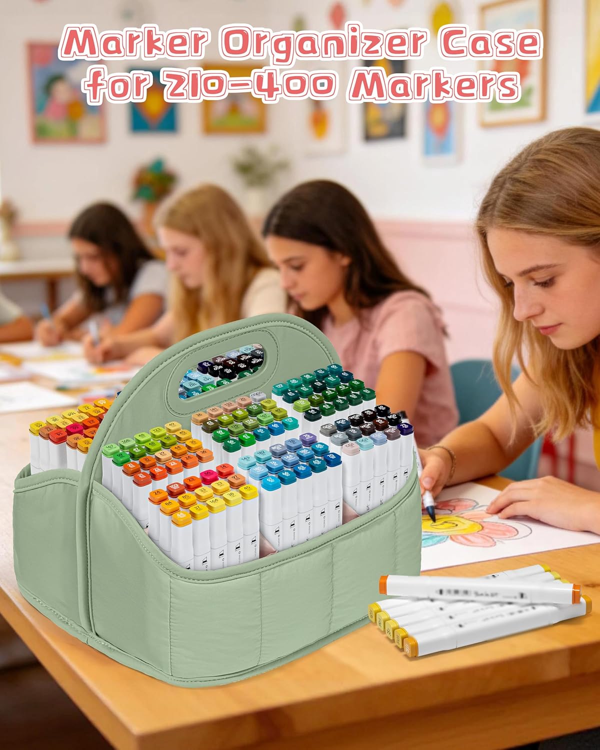 Rexmica Large Marker Caddy Organizer Case Bag for 210-400 Markers, Green