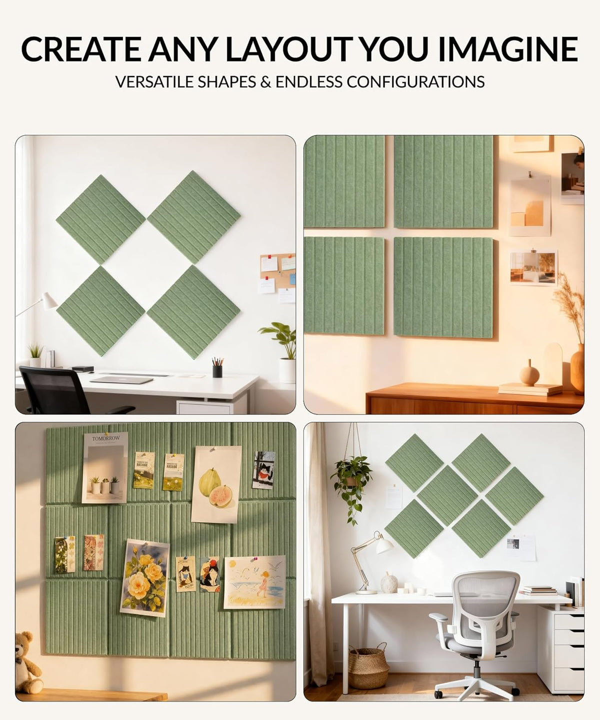 Large Cork Board Alternative 48" x 36" with Push PINS & Wall Safe Adhesive Tabs – Push pin Board for Walls in Home or Office, Felt Bulletin Board Tiles, Versatile Felt Board Layout, sage Green