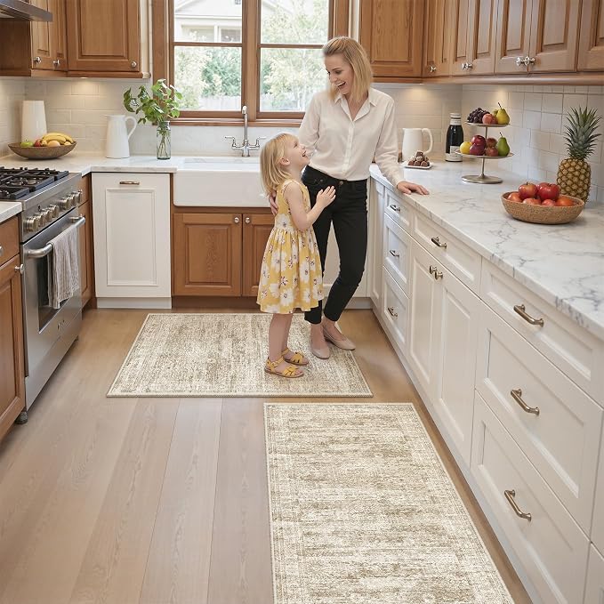 Washable Kitchen Rugs Sets of 2 Piece, Hallway Runner Rug Non-Slip