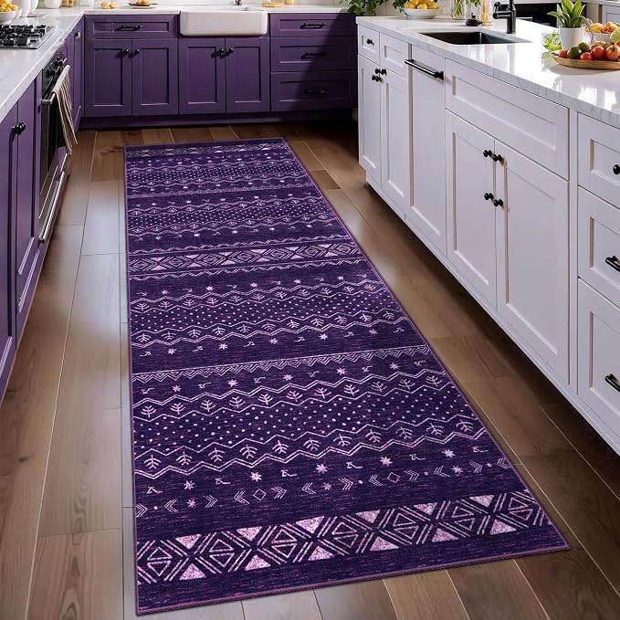 SERISSA 2x6 Kitchen Runner Rug, Washable Non-Slip Purple and White Boho Rug