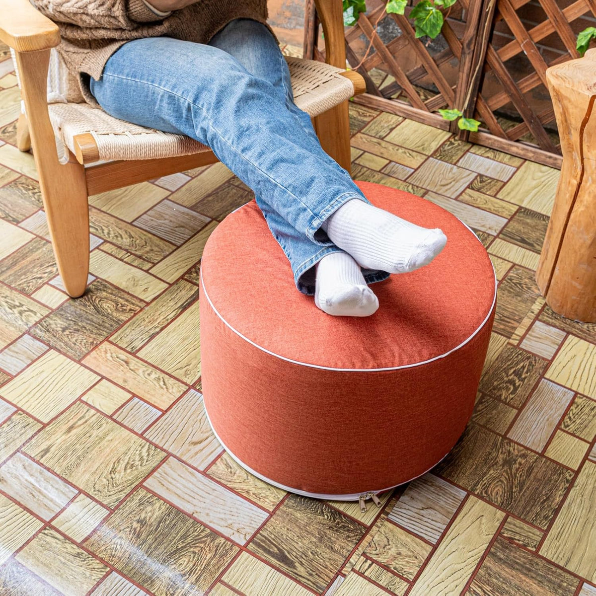 Outdoor Ottomans for Patio Pouf Waterproof Fade-Resistant Ottoman Foot Rest for Outdoor - Ottoman Chair Filled with High-Density All-in-One Foam, 20"D x 14"H Inches (Burnt Orange, Round)