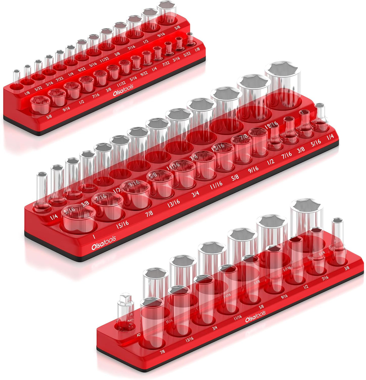 Olsa Tools Magnetic Socket Organizer - 3 Piece Socket Holder Kit - 1/2-Inch - 3/8-Inch - 1/4-Inch Drive - SAE - Red - Holds 68 Sockets - Professional-Grade Tool Organizer - Part: 1150