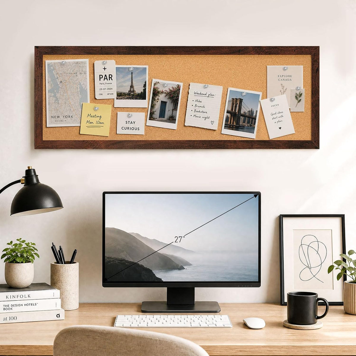 DOLLAR BOSS Narrow Linen Bulletin Board 36"x12" Long Cork Board, Brown