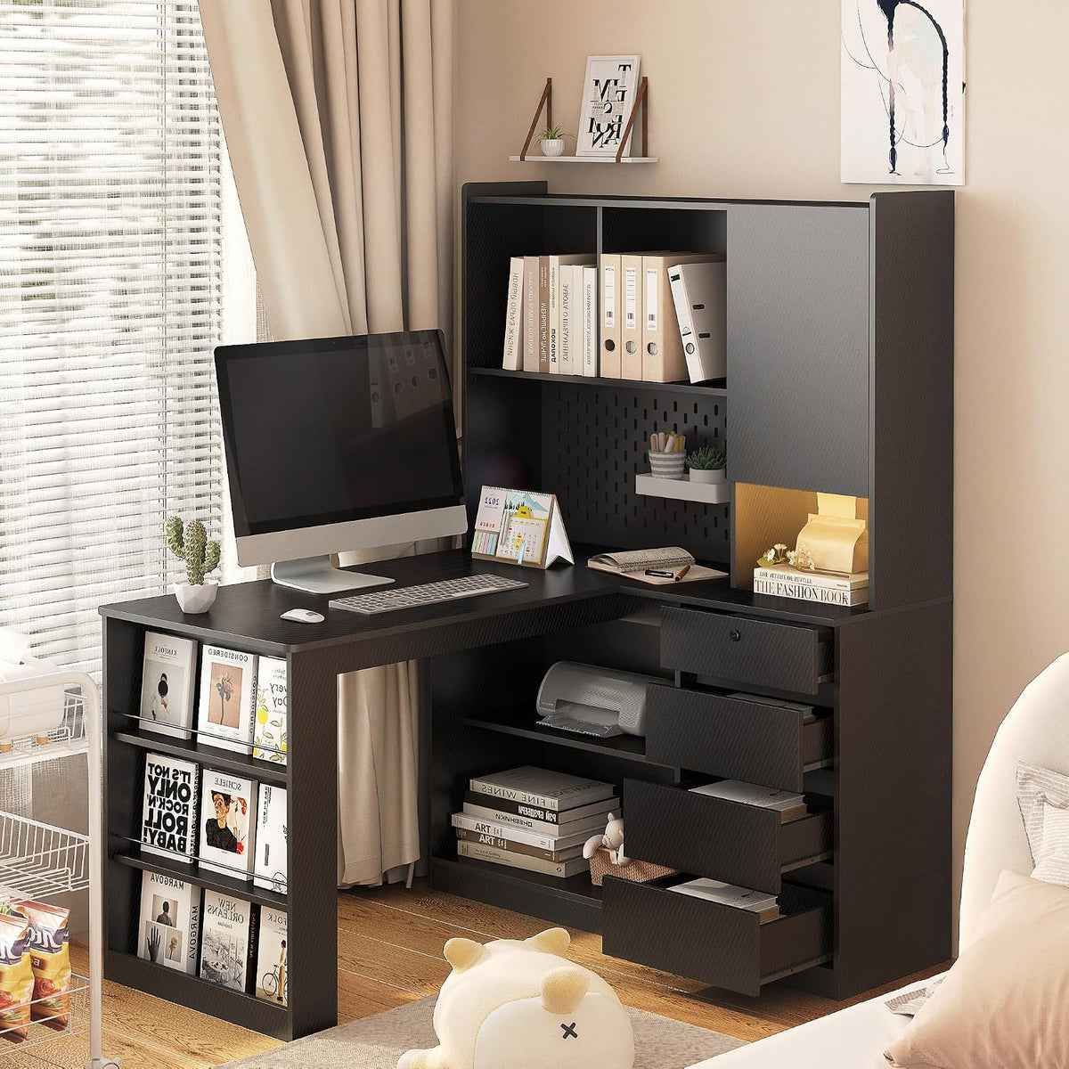 Mid-Century Office Corner Computer Desk with Bookshelf and LED, Black