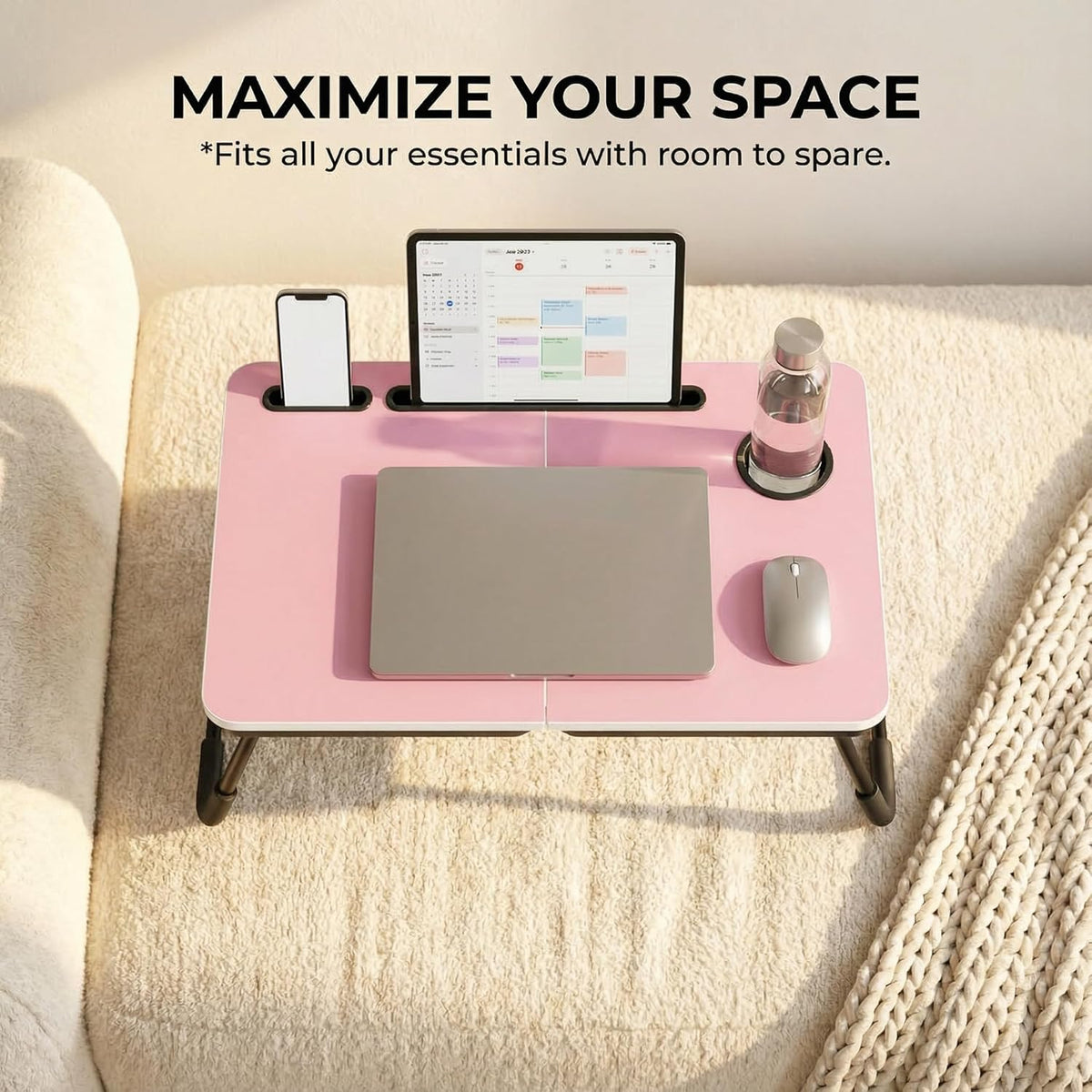 BUYIFY 23.4" Foldable Lap Desk Bed Table with Cup Holder Portable Tray