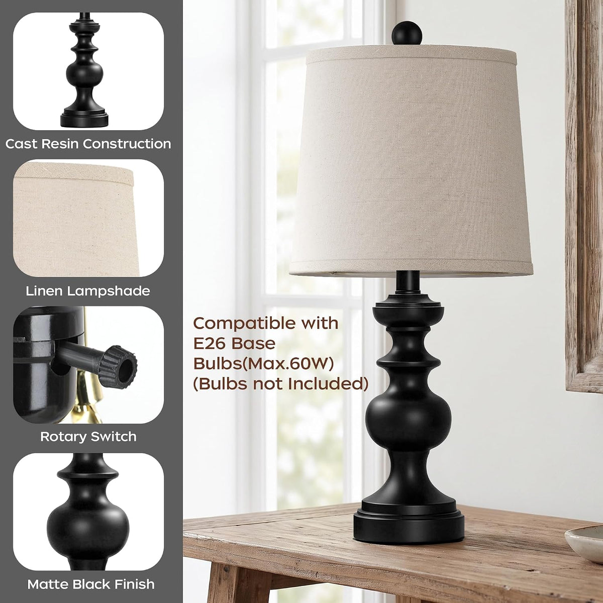 PARTPHONER Farmhouse Table Lamp Set of 2, Rustic Table Lamps for Living Room Bedroom, 22" Mid Century Modern Desk Lamp Bedside Nightstand Lamps with Linen Tapered Drum Shades, Matte Black