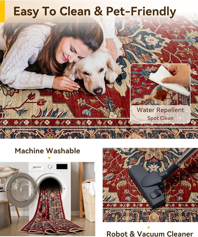 RELEANY Area Rugs Large 10'x12' Washable Non-Slip, Floral Vintage Distress
