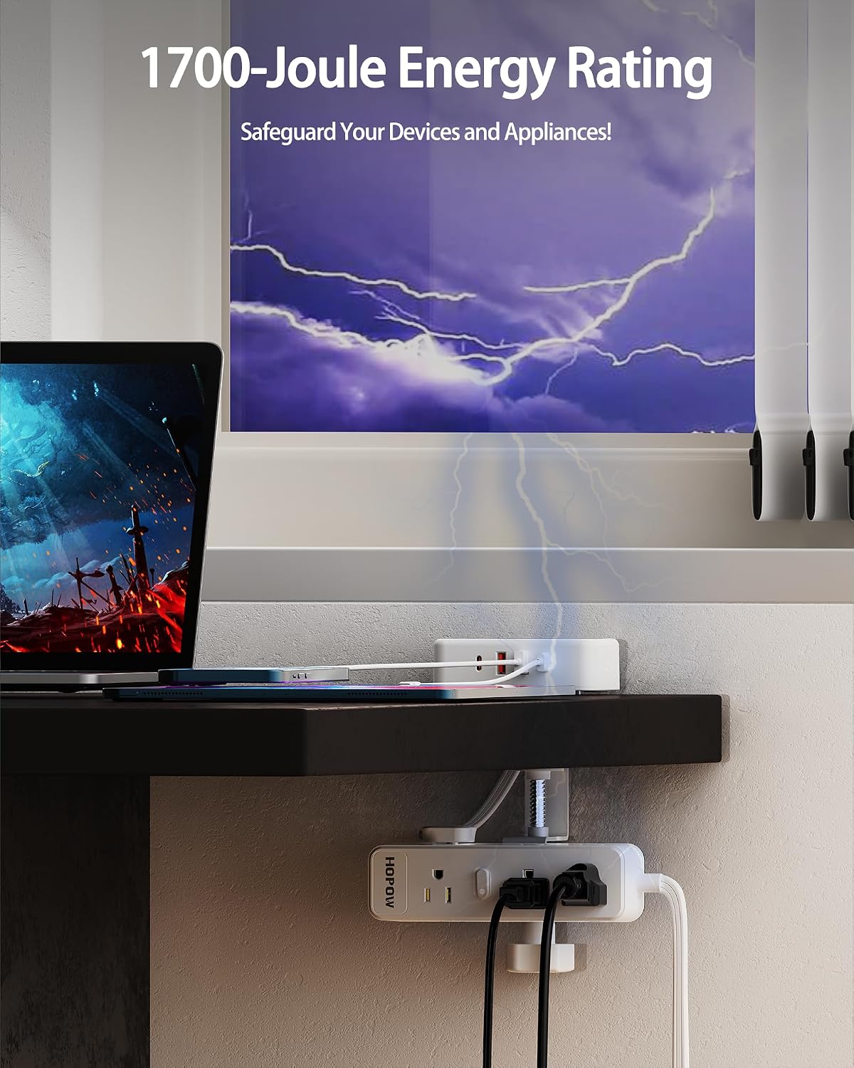 HOPOW Dual Layer Desk Clamp Power Strip, 13 Outlets 4 USB, 10FT Cord, White