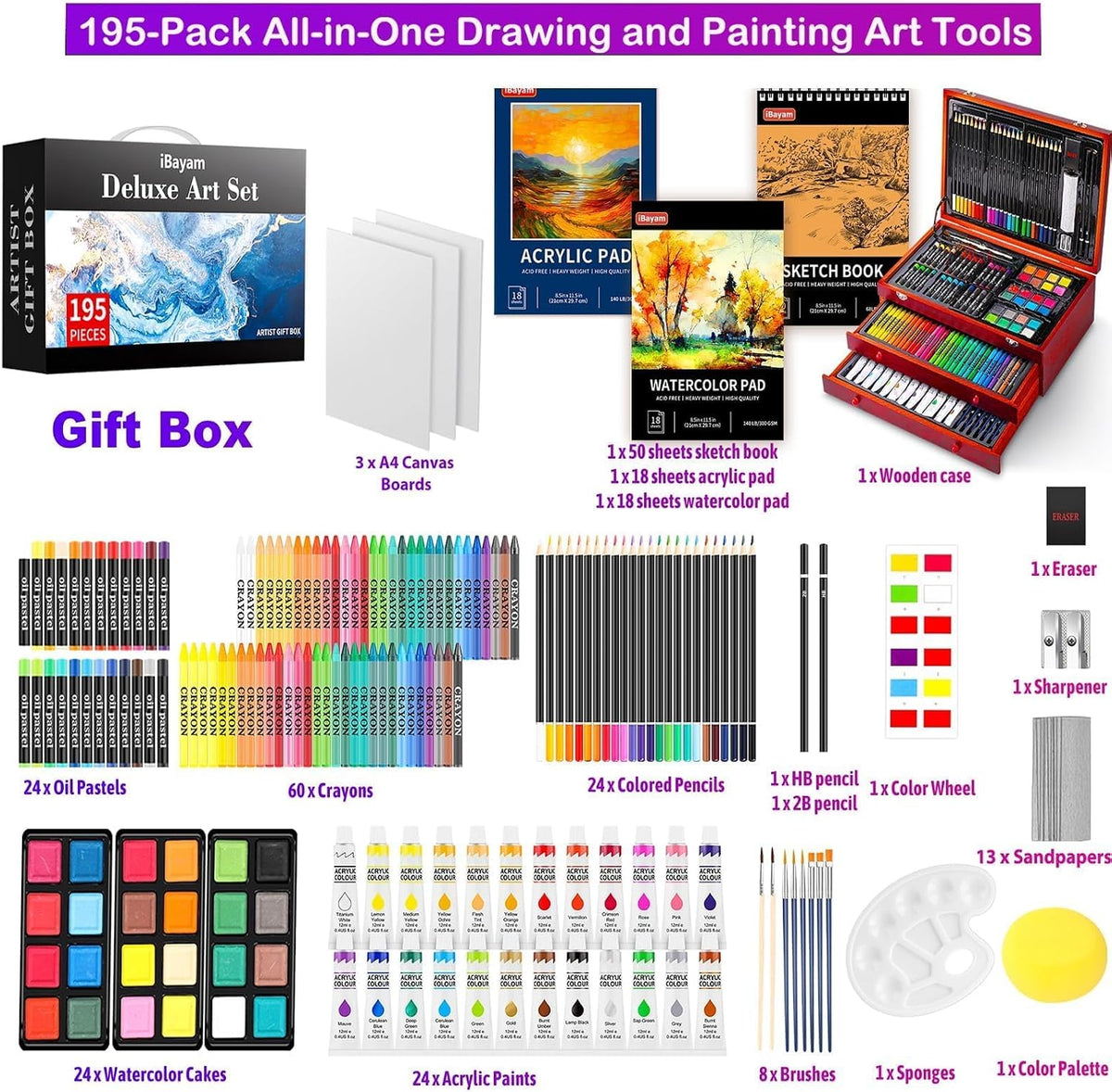 iBayam Art Supplies, 195-Pack Deluxe Drawing Painting Kit, 3 Sketchbook Set