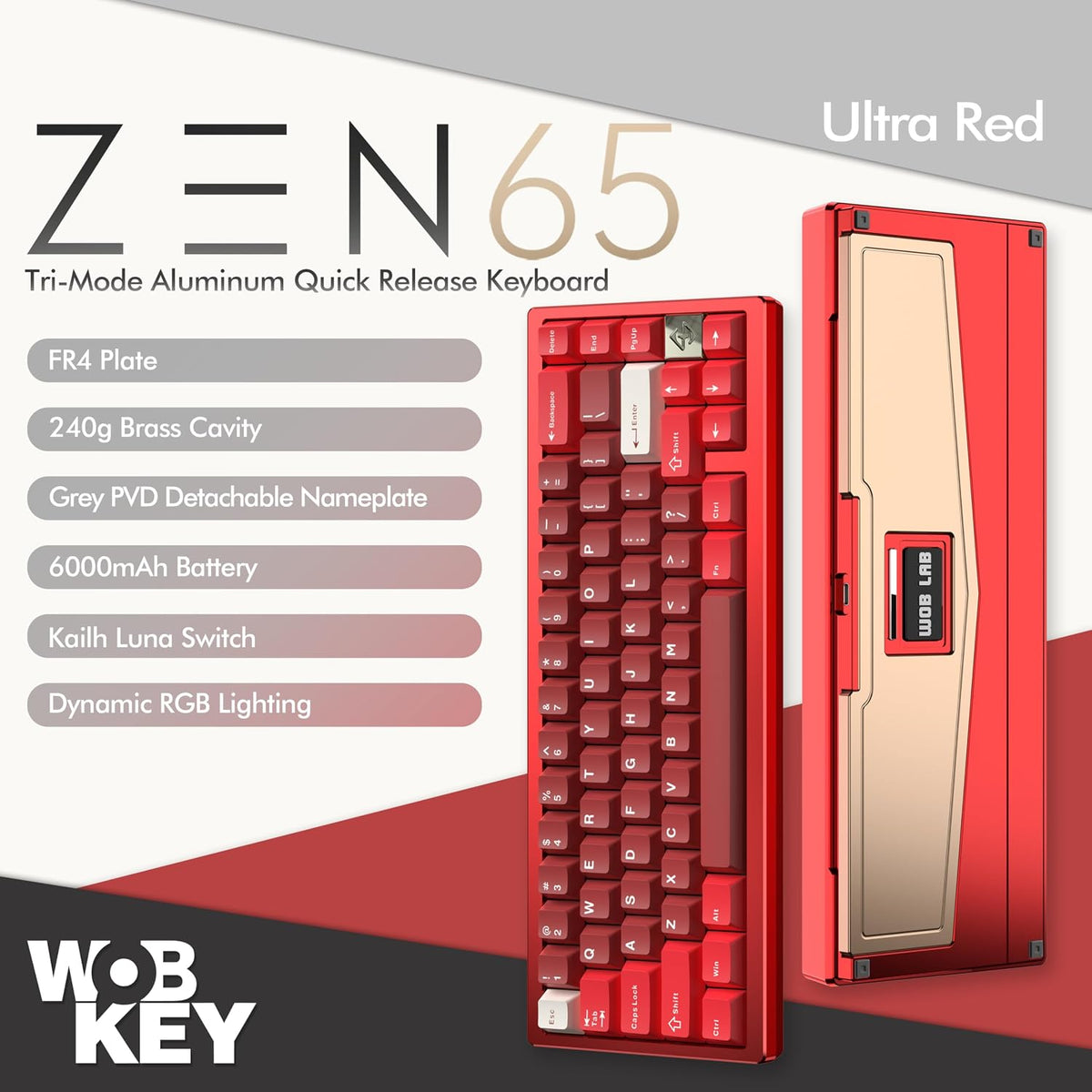 KEEBMONKEY WOBKEY Zen 65 65% Quick Release Wireless Mechanical Keyboard with RGB, CNC Aluminum Case, Hot-Swappable, VIA Support, BT/2.4G/USB-C Gaming Keyboard for Mac/Windows (Ultra Red)