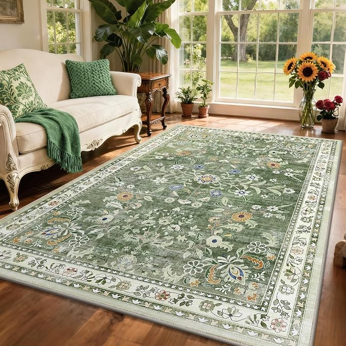 Yamaziot Washable Area Rug 6x9, Large Non-Slip Boho Floral Living Room Rug