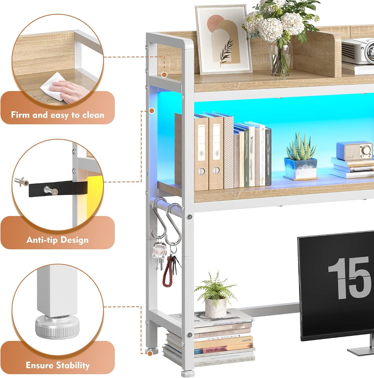 REIBII 2-Tier Desk Shelf with LED for Bedroom and Home Office, White