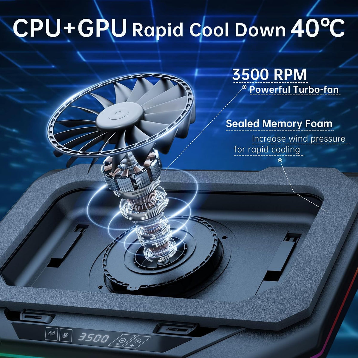 Gaming Laptop Cooling Pad with 3500RPM Powerful Turbofan, RGB Laptop Cooler Stand with 3 USB Ports, Ergonomic Adjustable Height Laptop Fan for 12-19 Inch Notebooks, Office & Gaming