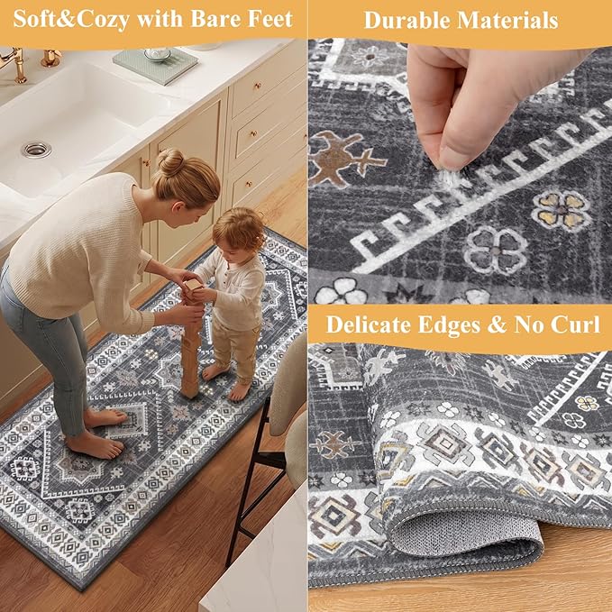 HEBE Boho Kitchen Rugs Sets of 2, Non Slip Washable Kitchen Mats