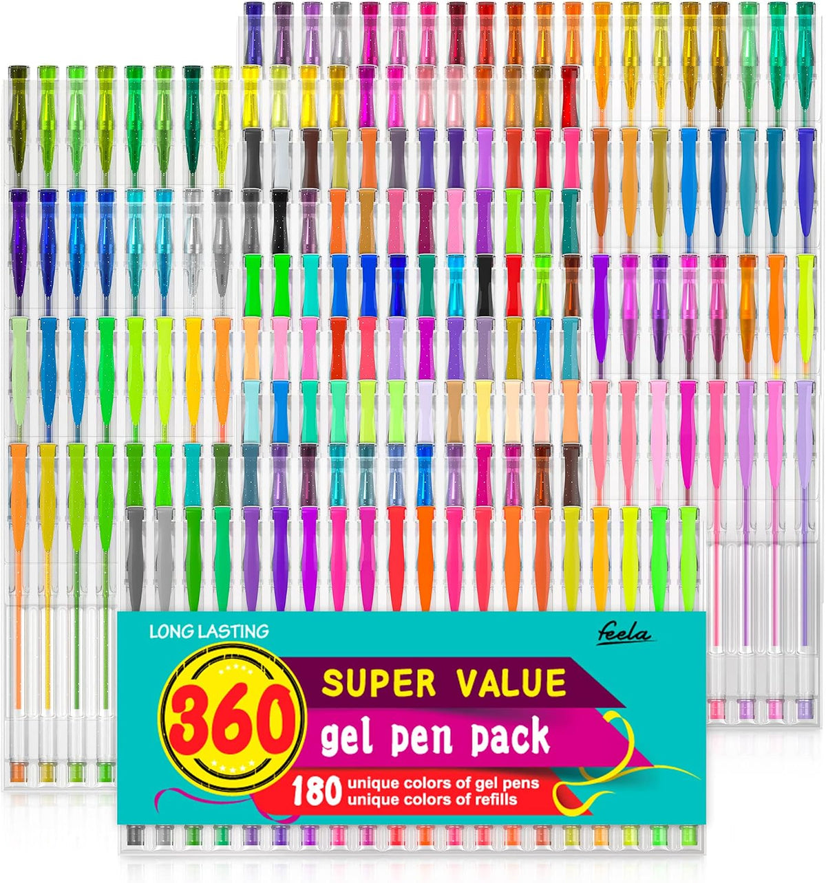 feela 360 Colors Gel Pens Set 180 Unique Gel Pen Plus 180 Refills for Adult Coloring Books Drawing
