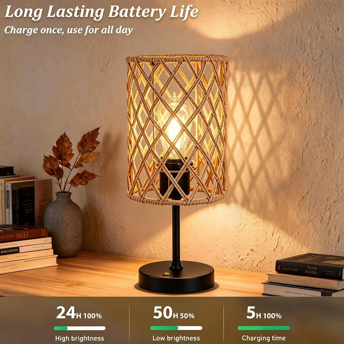 Rechargeable Outdoor Patio Table Lamps, Set of 2 Cordless Battery Operated Portable Boho Rattan Table Lights, for Covered Porch Balcony Garden Decor (Beige)