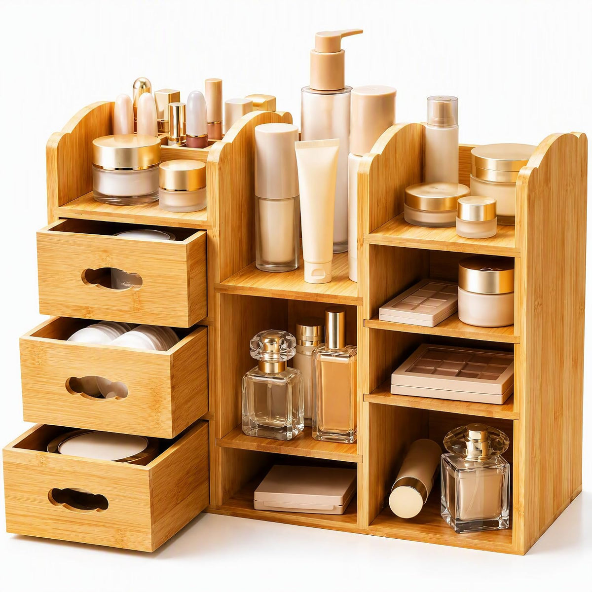 Coloch Bamboo Makeup Organizer with Drawers, Large Cosmetics Storage Shelf for Vanity Countertop Skincare Organizer for Desktop, Skincare, Beauty Supplies, Cosmetics Display, Stationery Storage