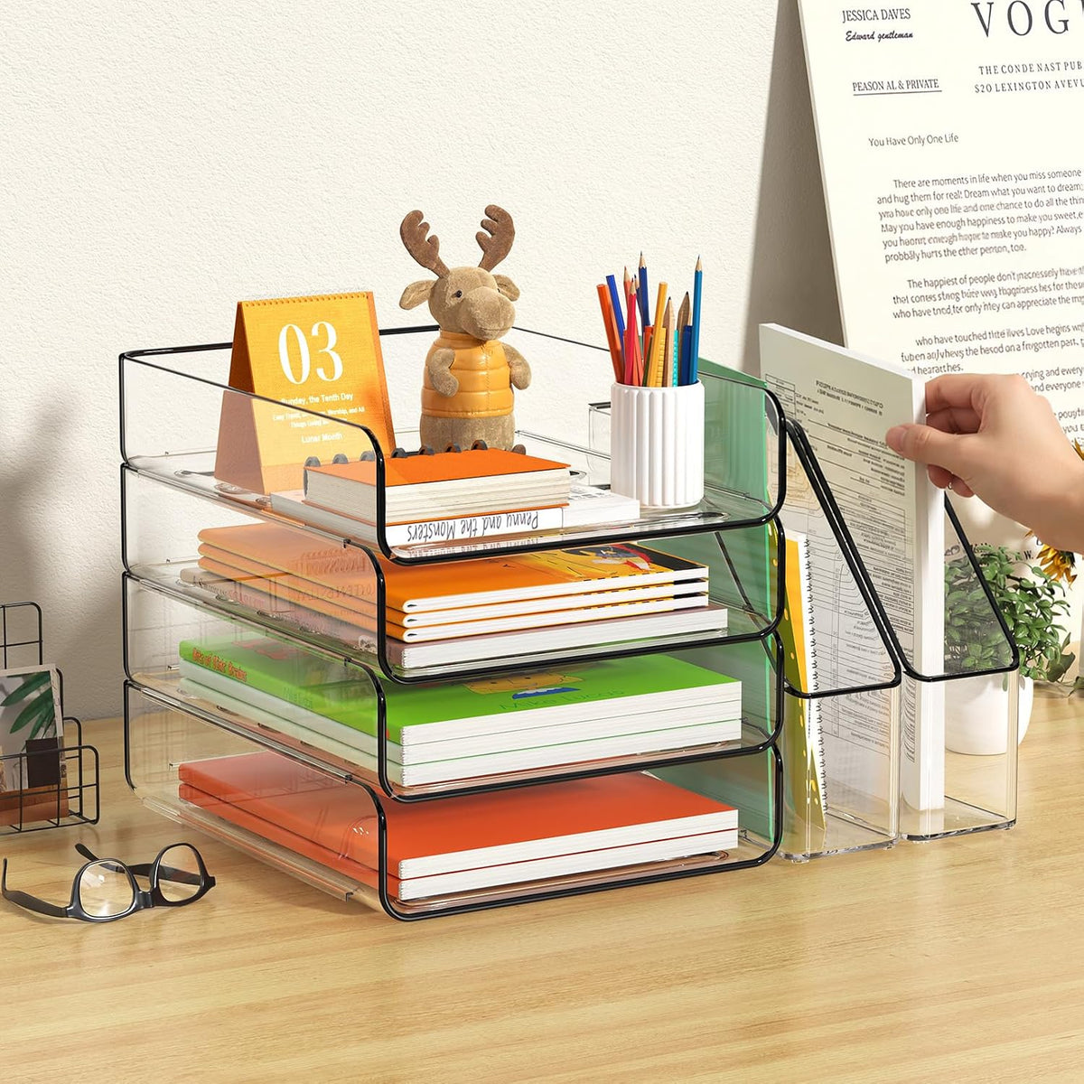 FANXIYQ 4-Tier Acrylic Paper Tray Organizer with Bookends, Paper Organizer