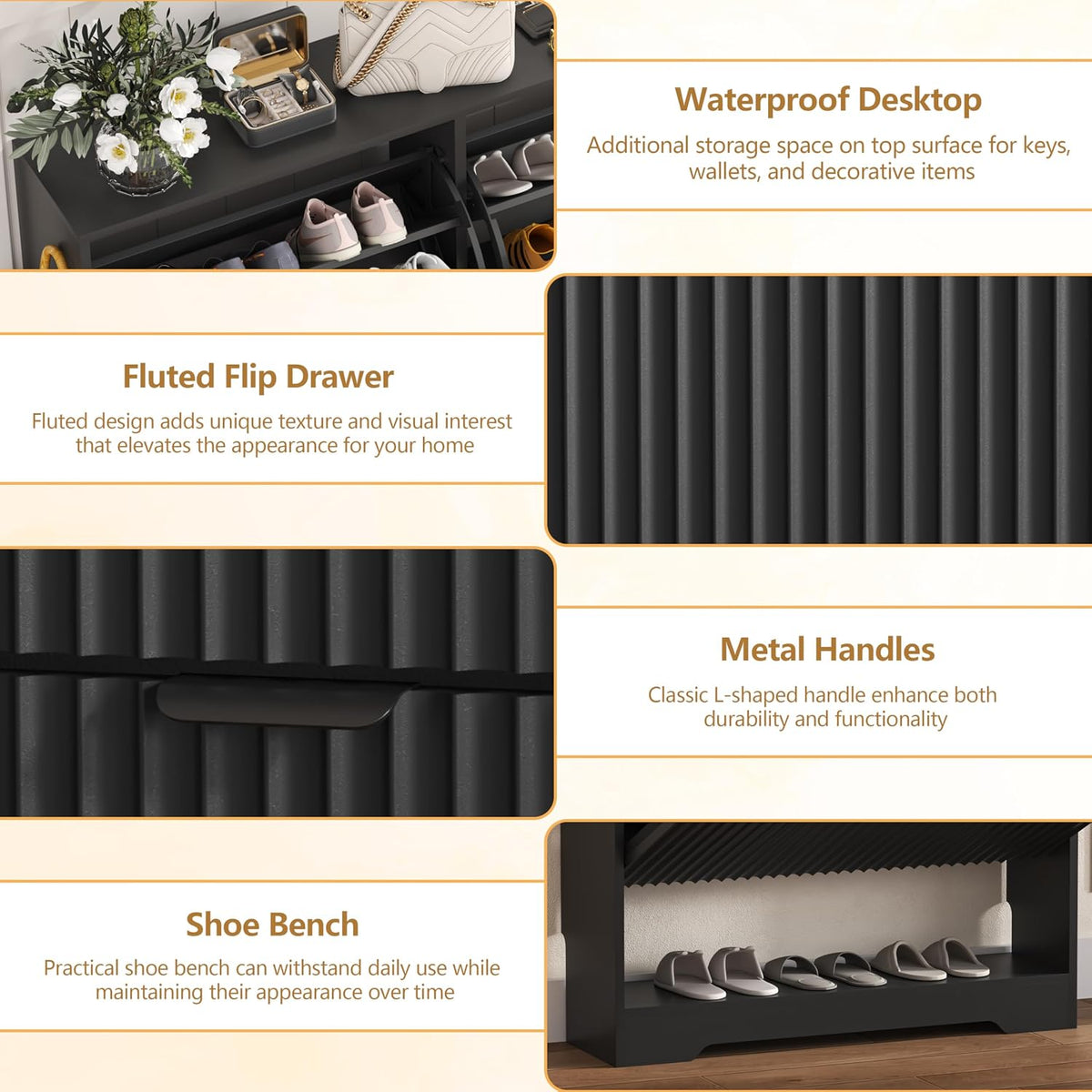 HUANLEGO Shoe Cabinet Storage for Entryway with 2 Flip Drawers, Black Fluted Shoe Cabinet with Open Storage, Wooden Hidden Shoe Rack Freestanding Narrow Slim Shoes Organizer for Hallway, Entrance