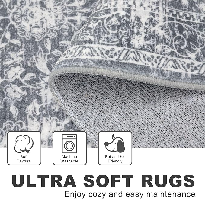 KILOCOCO Area Rug 8x10 Living Room Rug Washable Printed Vintage Floral Non Slip