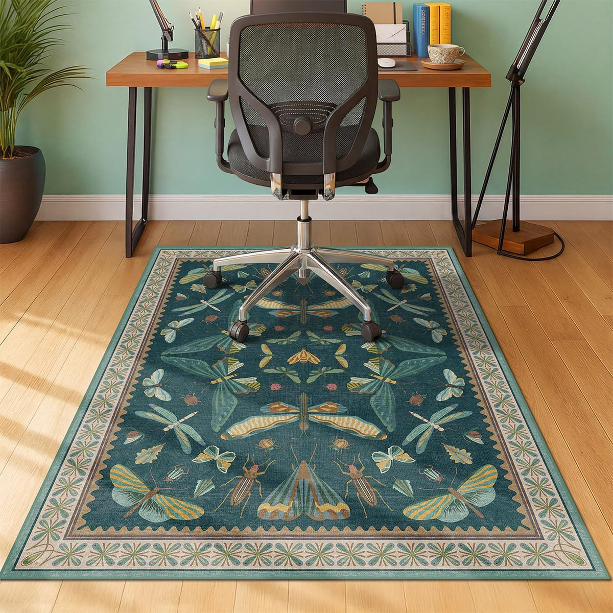 JTJ Teal Office Chair Mat for Hardwood Floor, 36" x 48" Insect Rug