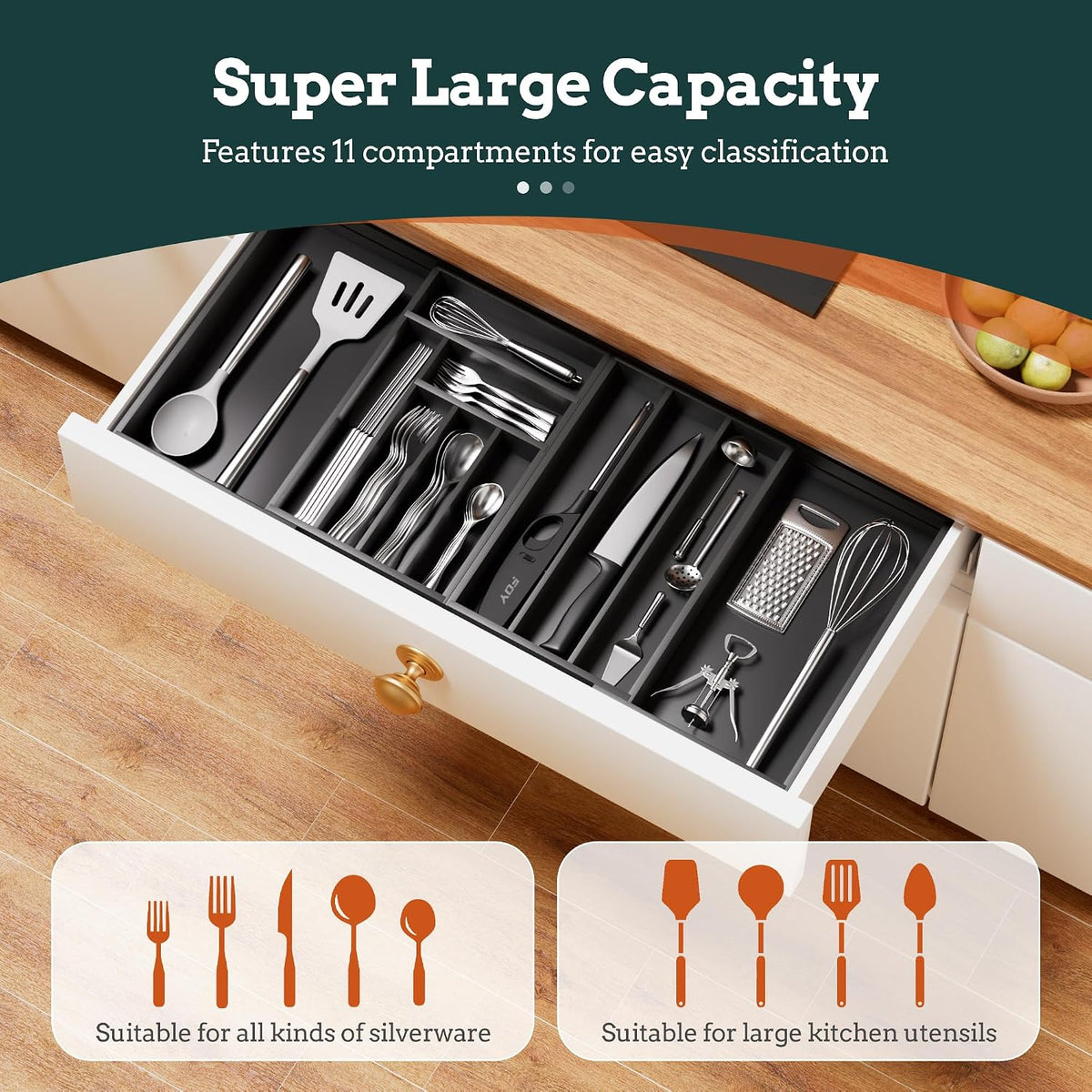 Bamboo Expandable Silverware Drawer Organizer 11 Slots Utensil Holder Black