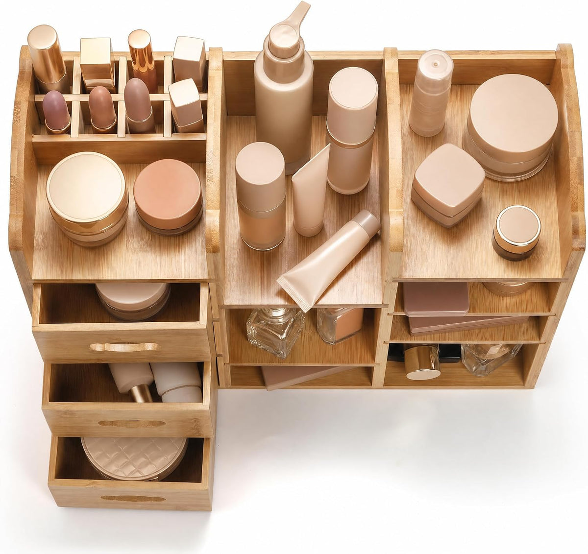Coloch Bamboo Makeup Organizer with Drawers, Large Cosmetics Storage Shelf for Vanity Countertop Skincare Organizer for Desktop, Skincare, Beauty Supplies, Cosmetics Display, Stationery Storage