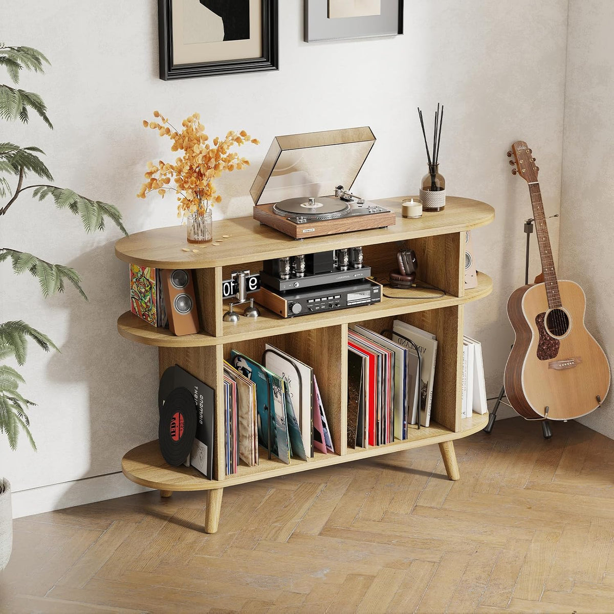 LIVEHOM Large Round Record Player Stand, Wood Record Storage Cabinet, Vinyl Record Holder with Display Area, Mid Century Modern Turntable for Living Room, Bedroom (Nature)