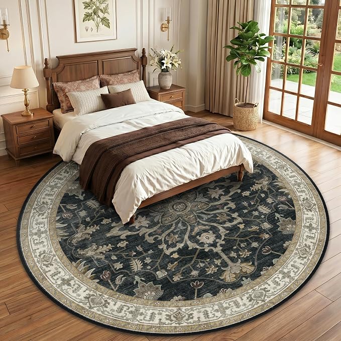RELEANY Area Rugs Round 10ft Washable Non-Slip, Floral Vintage Distress