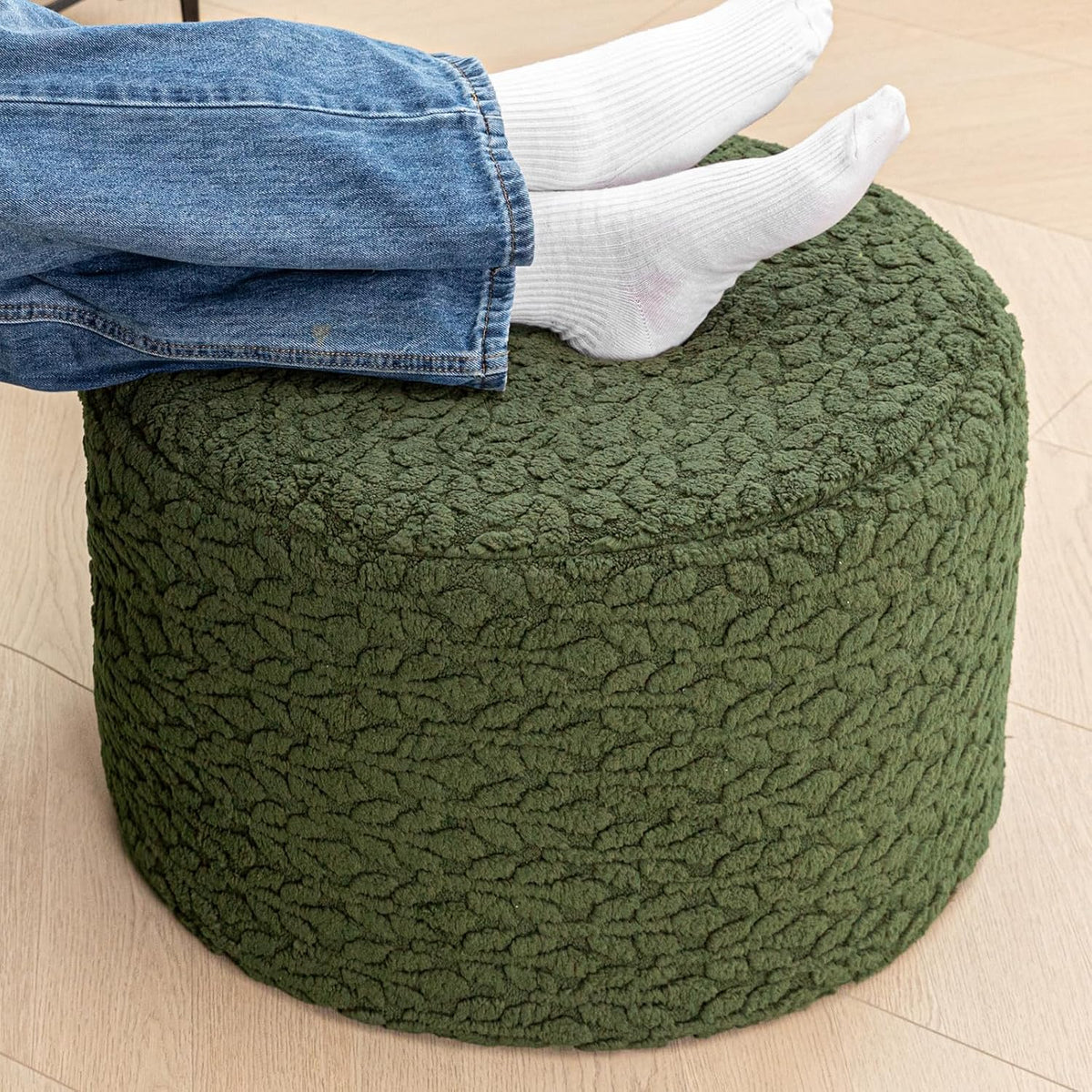 Poofieotto Round Pouf Ottoman, Couch Footrest,Forest Green, 20 x 20 x 14 in