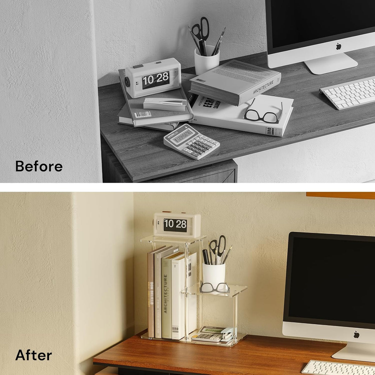 Acrylic Desktop Bookshelf, 7.9" D x 15" W x 15.3" H, Small Desktop Shelves Organizer, 3-Tier Clear Mini Table Top Shelf for Office Supplies and Desk Accessories, Easy Assembly