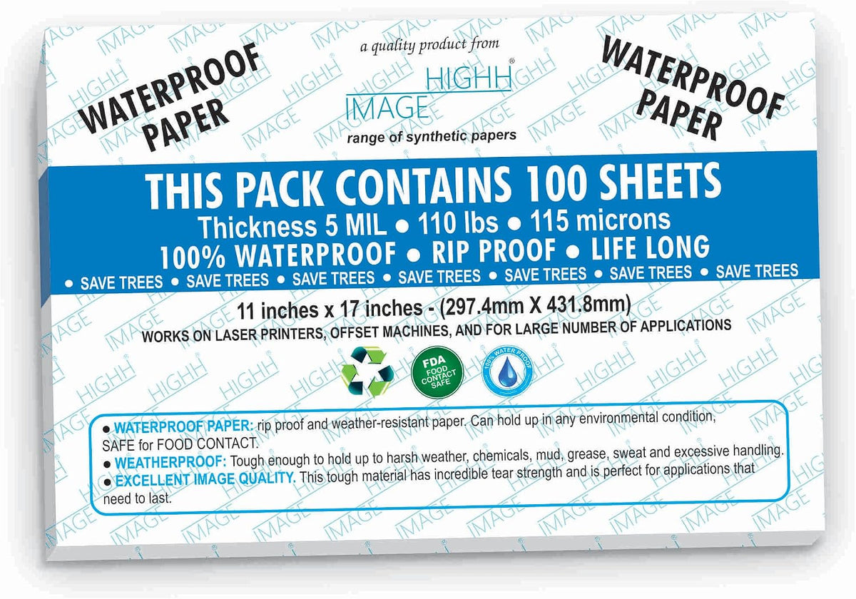 Premium Waterproof Synthetic Paper 5 MIL 110Lb 11 x 17 Non-Tear 100 Sheets