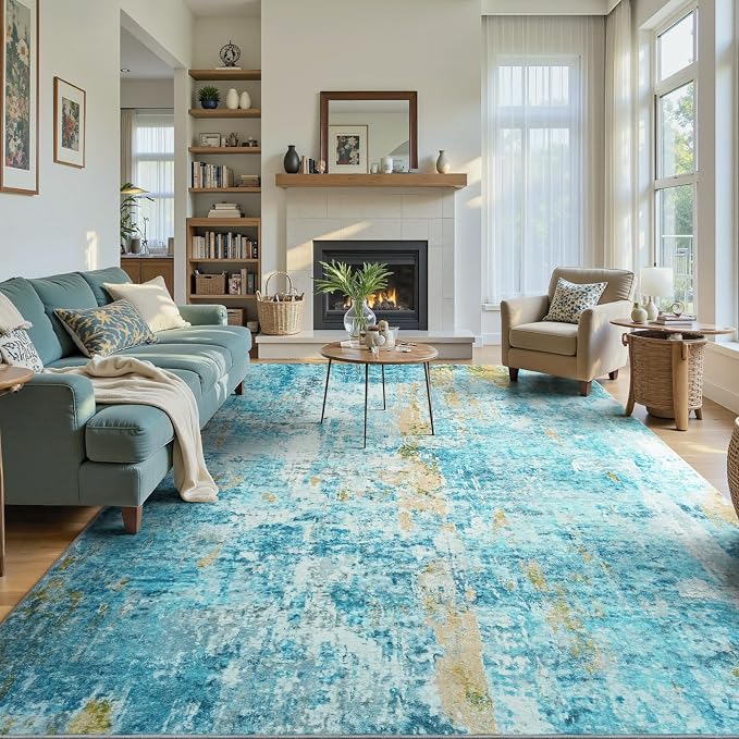 Ompaa Living Room Rug 6x9 Teal Blue Area Rug Machine Washable Boho Rug Non Slip